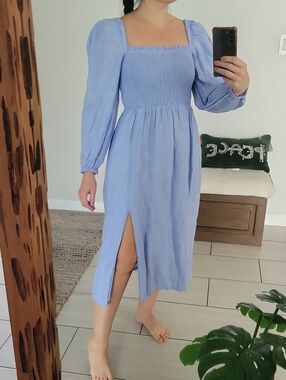 J. Crew Light Blue Smocked Square-Neck Midi Dress with Side Slit